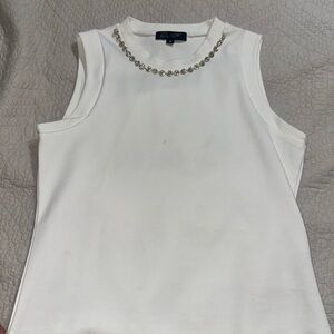 White Sleeveless Top with Embellished Neckline